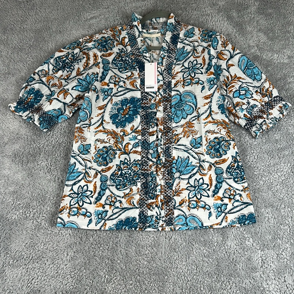 NWT LOLA AUSTRALIA Puff Short Sleeves Ocean Floral Top Women’s Size S - Picture 2 of 15